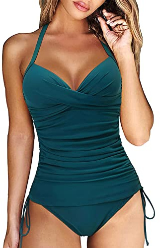 Yutdeng Tankinis Mujer Traje de Baño 2 Piezas Bañador Reductor Vientre Plano Bikini Push Up con Aros con Tanga Tankini Cuello V Correas Laterales Bañadores Deportivos Mujer Natacion,Azul,XXL