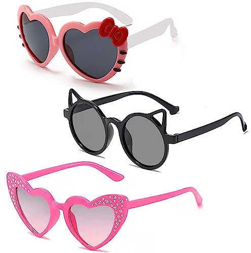 Hifot 3 PCS Gafas de sol Niña,Gafas de Sol bebe Forma de Corazón Gato Infantiles UV400 Protección Rayos Decorativas Gafas de Fiesta- De 3años a 12años