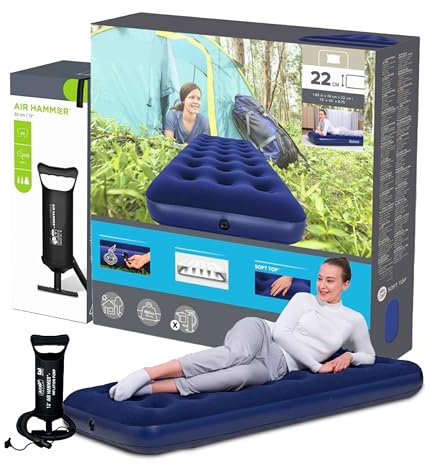 Topline Inflatable Mattress Air Bed & Air Pump - Blue Inflatable Single Mattress & 12 Air Hammer with Card. Portable great for Camping, Guest Bed, Campervan
