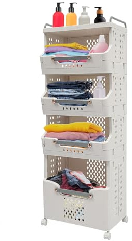 Tyvotrend Tvättkorg Med 4 Fack, Vikbar Tvättkorg I Plast Med 360° Hjul Och Handtag, För Badrum Tvättförvaring, 41,6 X 29,7 X 110,4 Cm