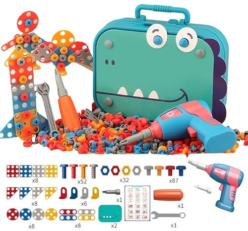 Creative Kids Tool Set Box 351 Pcs,Electric Drill Toy 3D Take Apart Toys for Kids,Educational Construction Stem Puzzles Toy,Pretend Play Tool,Gift for Age 3 4 5 Years Old (dinosaur (210 pcs）)