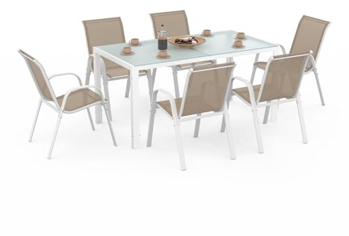 IDMarket - Gartenmöbel Madrid Tisch 150 cm und 6 stapelbare Stühle weiß und beige