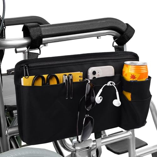 SKLK-SEL Wheelchair Side Bag Walker Side Bag Wheelchair Armrest Storage Pouch with Cup Holder, Wheelchair Accessories for Seniors for Walker, Rollator, Electric Scooter or Wheelchair -Black
