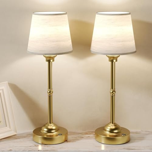 WHW3WIN 2 Pack Cordless Table Lamps, Fabric Desk Lamp with Stepless Dimming & 3 Colour Temperatures, 6000mAh USB-C Rechargeable Battery, Touch Control Night Light for Bedroom, Desk, Cafe