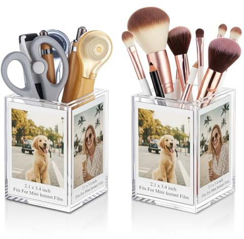 YooNotee 2 Pcs Mini 2x3 Picture Frame, Acrylic Pen Holder, Picture Vase Cube for 2x3 Photos Display, Small Clear Photo Frame for Valentine, Acrylic Pictures Box or Vase(Clear)