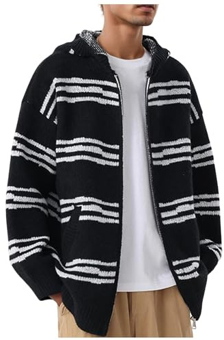 Gilet Sweat a Capuche Homme Zippé Vintage Rayée Veste Hoodie Pull Homme Hiver Chaud Mohair à Poches Gilets Sweats Oversize Manches Longues Cardigan Jumper Pullover Mode Cardigans Grande Taille