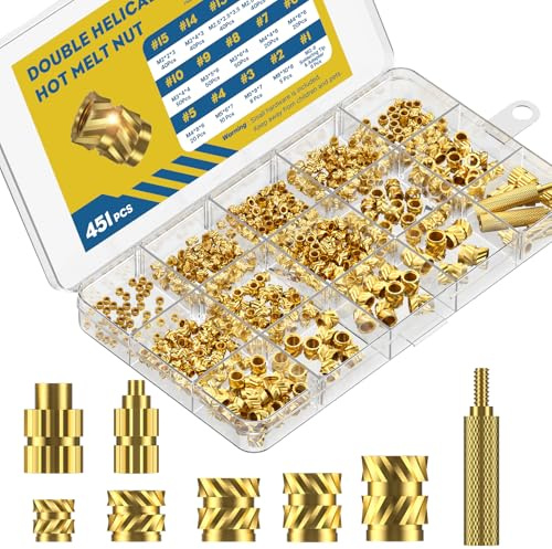 Uniclife 451 Pcs Threaded Inserts for Plastic, M2 M2.5 M3 M4 M5 M6 Heat Set Inserts with Soldering Tip & Adapter, Brass Heat Inserts, Metric Knurled Nut Inserts Kit for 3D Printing Components