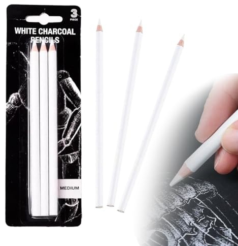 YAYNO 3 Pezzi Set Carboncino Bianco Matite da Disegno per Artisti Bambini e Studenti Matite a Carboncino Bianco per Schizzi Ombreggiatura Evidenziare e Disegni Creativi