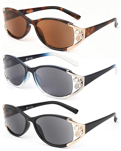 JM Lunettes de Soleil Femme de Lecture Entièrement Grossissantes Ovale | Rétro,3 Paquets,Protection Complète,Zone De Lecture Plus Grande