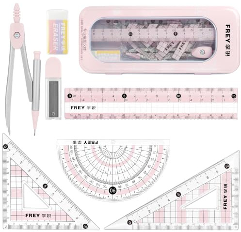 HOTUT 7 Piezas Juego de Geometría para Estudiantes, Rosa Juego de Reglas