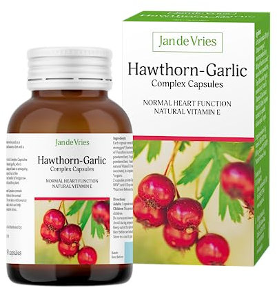 Jan de Vries Hawthorn-Garlic Complex | Rich Source of Natural Vitamin E, an antioxidant | Contains Vitamin B1 which Contributes to Normal Heart Function | 90 Capsules