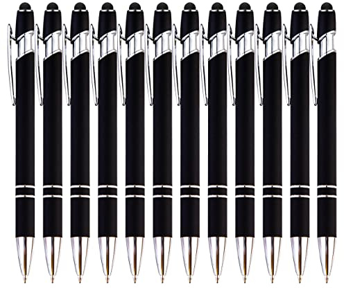 PASISIBICK 12-Piece Black Ballpoint Pen with Stylus Tip, 2 in 1 Stylish Metal Touch Screen Pen - Black Ink, 1.0 mm Medium Point - 5.5 x 0.4 inch / 14 x 1 cm
