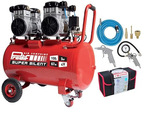 Compresseur Silencieux PRODIF Super Silent SIL1003 100L 3CV + Kit 6 Accessoires Raccords Rapides
