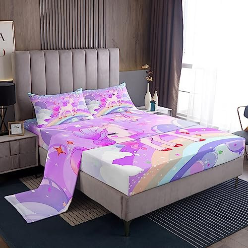 Loussiesd Juego de Sábanas de Unicornio para Niñas, Kawaii con Arco Iris, Decoración de Cama de Dibujos Animados, Galaxia, Estrellas Mágicas, Morado con Animales