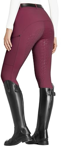 FitsT4 Sports Women's Full Seat Riding Tights with Zipper Pockets Horseback Riding Pants Equestrian Breeches for Women Burgundy S