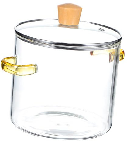BESPORTBLE Cacerola De Cristal Transparente Asas Dobles 2300 Ml, Vidrio Resistente a Altas Temperaturas Para Estufa, Olla Para Cocción a Fuego Lento, Tapa De Madera y Uso Doméstico