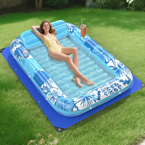 Inflatable Tanning Pool Lounger Float with Protection Tarp, 85 x 57 Pool Floats Adult with Pillow, 6 in 1 Suntan Tub Raft Floatie, Sunbathing Water Bed Lounge Blow Up Kids Ball Pit Party Gifts-Blue