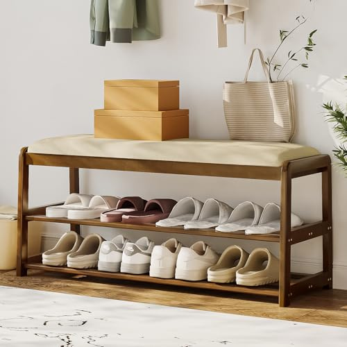 Welfuturer Schuhbank aus Bambus mit Sitzkissen und Schublade, 2-stufige Aufbewahrungsbank mit Schuhablage für Flur, Schlafzimmer oder Eingang, Walnuss