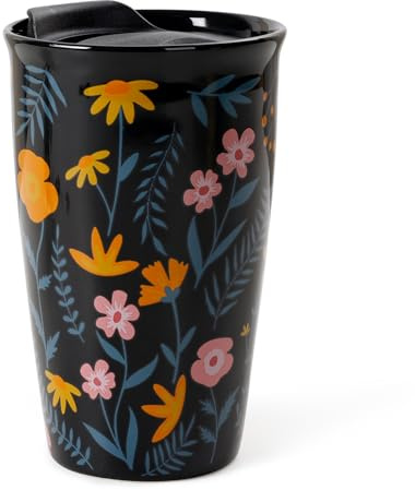 ANTIS'S HOME Ceramic Travel Mug with Lid, 285ml Double Wall Coffee Mug with Elegant Black Floral Pattern, Modern Reusable Tea Tumbler Cup for Hot Drinks, Stylish Gift for Office, Home & Christmas