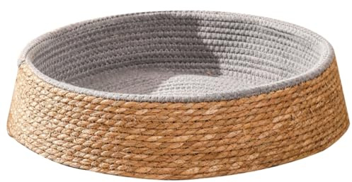 Mobestech Natural Woven Round Pet Sleeping Bed for Cats and Dogs Breathable Kennel Nest Mat with Handle Small Light Brown Cozy Resting Place for Indoor Pets