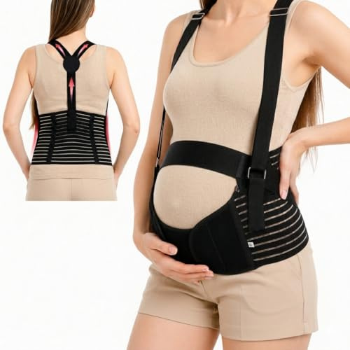 FORTNIXX Ceinture de grossesse 3 en 1 avec bretelles ajustables, bandeau de soutien, Support Abdominal Grossesse avec Bretelles Ajustables. Des le 3 mois jusqu'au post-partum.
