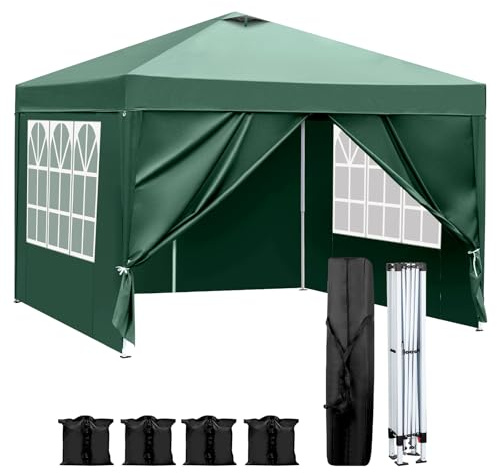 Bonnlo Carpa Plegable de 3x3m, con 4 Bolsas de Arena, UPF 50+, Gazebo y Cenador de Jardín Impermeables, para usos Exteriores, Camping, Fiestas, Playa y Patios (Verde)
