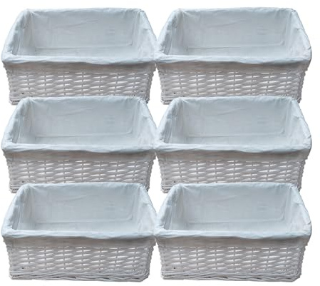 Arpan White Wicker Storage & Hamper Basket with White Cloth Lining – Small, Medium & Large Gift Baskets for Xmas, Wedding, Confetti & Parties, Snack Basket, Wicker Baskets Multipack