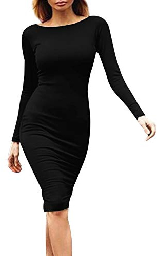 YMING Abito del Partito con Zip delle Signore di Colore Solido Bodycon Abito Manica Lunga Elegante Sexy del Club Midi Dress Nero XL