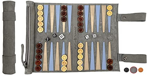 Melia Outlet Backgammon - Juego de backgammon de piel auténtica con fichas de madera, juego de mesa de lujo para viajes, enrollable, hecho a mano en Europa, color gris