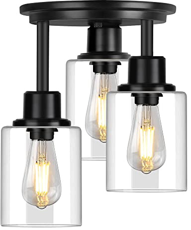 ROTTOGOON Semi Flush Mount Ceiling Light, 3-Light Close to Ceiling Light Fixtures, Matte Black Kitchen Light Fixtures with Clear Glass Shades, Hallway Light Fixtures Ceiling Mount for Foyer Entryway