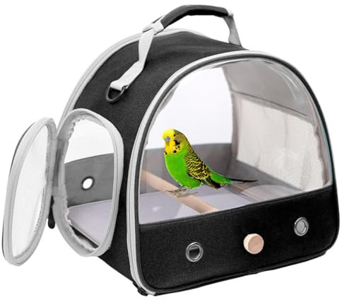 Interfashioner® Transporttasche für kleine Vögel, tragbarer Vogelkäfig für Papageien, Sittiche, Wellensittiche, Nymphensittiche, mit weicher Matte und Sitzstange aus Holz, Schwarz