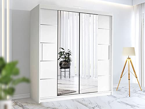 RAC3 Wardrobes for Bedroom with Mirrored Sliding Door & LED Light Premium Wardrobe Storage with Sleek Design comes in Colours Black/White/Grey/Oak- Different Sizes from 150cm - 250cm (White, 180cm)