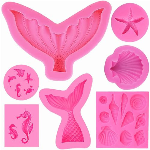 ZFKXGS 7Stück Silikonform Meerjungfrau Fondantform Groß 3D Ozean Tier Meerestiere Silikon Backform Set Meerjungfrau Tortendeko Formen Fondant Muschelform für Backen Kuchen Schokolade SüßIgkeiten Gelee