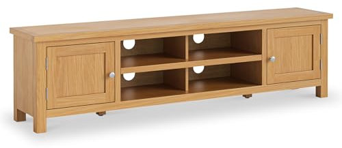 London Oak 180cm Extra Wide TV Unit for Living Room | Roseland Furniture Large Lacquered Television Stand Cabinet Solid Wooden with 2 Door Storage for TVs up to 65 inches, Fully Assembled