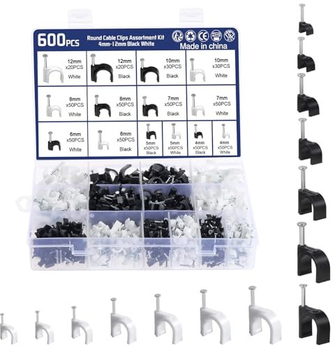 Habwea 600pcs Cable Clips,7 Size Electrical Cable Wall Clips 4 mm, 5 mm, 6 mm, 7 mm, 8 mm, 10 mm, 12 mm Wire Clips for Cable Tidy Clips Nail Clips Cable Holder White Black
