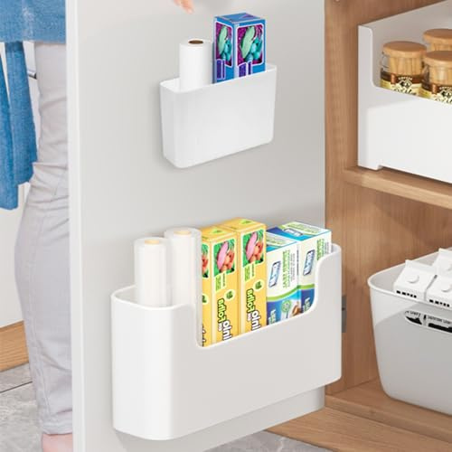 HEKOBAG 2 Pack Adhesive Wall Mounted Storage Box | White Plastic Kitchen Cabinet Door Organizer, Wrap & Small Items Storage Container for Pantry & Cabinet