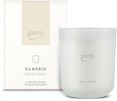 ipuro BLANC - Vela aromática decorativa clásica en vaso de cristal con geranio, menta y sándalo, aroma fresco a la lluvia de verano, velas con aroma duradero, vela perfumada para habitaciones en color