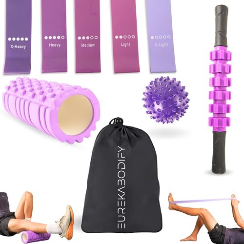 EUREKA BODIFY Rodillo masaje muscular - Foam roller - Alivia el Dolor de Espalda, Piernas y Fascitis Plantar - Bandas de estiramiento - Yoga y Pilates - Rulo masaje muscular (Morado)