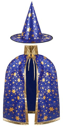 AYBUY Mantello da strega per bambini, mantello da strega, mantello e cappelli per bambini, costume di scena per Halloween con motivo stelle dorate, per bambini, feste di Halloween e cosplay (blu)
