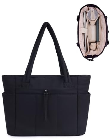 Wandering Nature Tote Bag for Women with Zip Large Capacity Shoulder Handbag with 15.6 Inch Laptop Compartment and 40oz Water Bottle Pocket for Work School Travel, Black (Patent Pending)