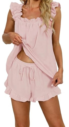 WWAYBEI Women 2 Piece Pajamas Set Ruffle Tank Top and Shorts Pjs Sets Bridal Pajama Sleepwear Summer Lounge Set (Pink, M)