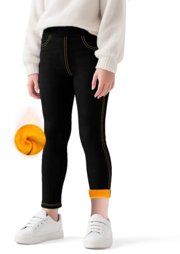 Baogaier Leggings Polaire Filles, Thermique Molleton Doublés Jeans Denim Legging, Couleur Unie Élastique Chaud Pantalons Longs avec Poche Hiver Vêtements Enfants pour 6-7 Ans, Noir