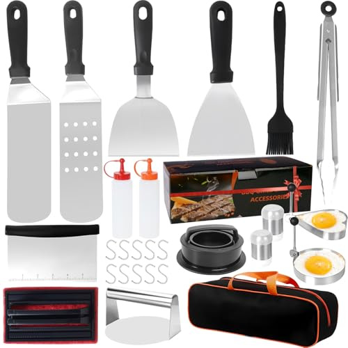 JUAUO Kit de 27 Pcs para Parrilla Plancha de Acero Inoxidable con Espátula, Raspador y Prensa para Hamburguesas, Utensilios Barbacoa Accesorios para Exteriores, Camping y BBQ