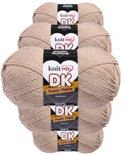 Knit Me Fil DK 5x100g – 100% Acrylique Moyen à Tricoter & Crocheter, Aiguilles n°4 (3,75-4,5 mm), Crochet 4,5-5,5 mm, 1500m, doux, lavable, bonnet écharpe couverture amigurumi, Beige avoine
