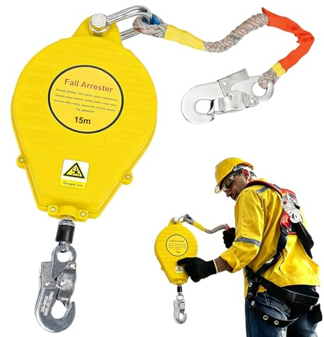 YAOYAOO Dispositif Antichute à Rappel Automatique pour Toiture (Jaune,15m) | Harnais de Sécurité Antichute, Stop Chute Mobile sur Corde pour Travaux en Hauteur, Crochet de Sécurité et Kit Protection