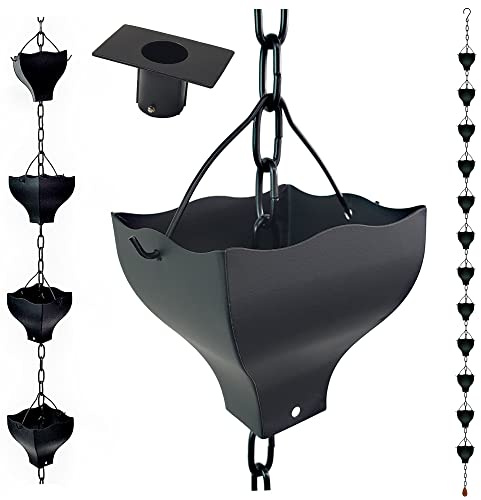 Original 9FT Black Tulip Iron Rain Chains for Gutter and Rain Barrel, Replacement for Downspout, Rust-Resistant Plated Garden Décor Rain Chain, Bonus Rain Chain Gutter Adapter, Earrings for House