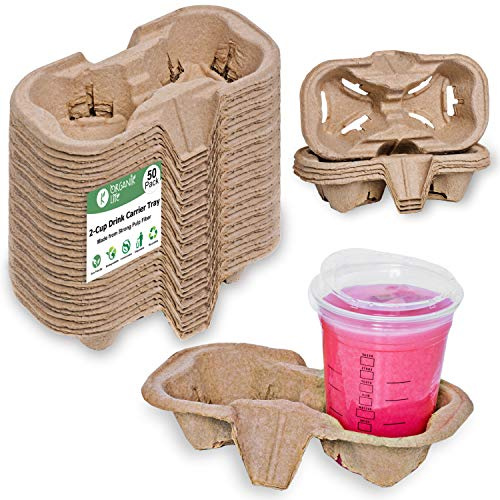 2 Cup Carrier Tray (50-Pack), No-Spill, No-Mess Disposable Cup Holder Tray, Biodegradable, Eco-Friendly Drink Carrier for Delivery of Hot or Cold Drinks, Ideal To Go Drink Holder for Car Food Delivery
