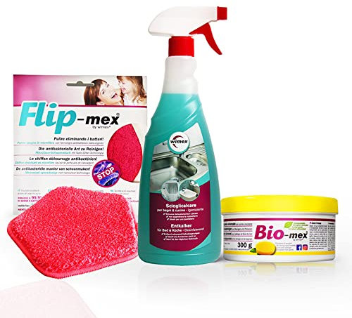 Bio-mex® Kit anticalcare - Bio-mex detergente universale 300gr - Panno spugna Flip-mex - Scioglicalcare spray all'acido citrico 750ml