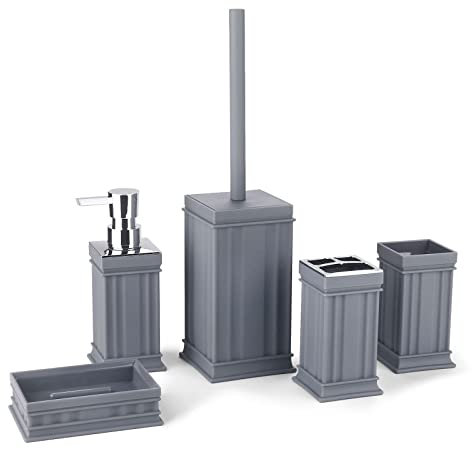 PITRAK 5-teiliges Badezimmer-Zubehör-Set aus Kunststoff, Lotionsflaschen in römischer Säulenform, Zahnbürstenhalter, Zahnbecher, Seifenschale, Toilettenbürste, modernes Badezimmer-Set (Grau)