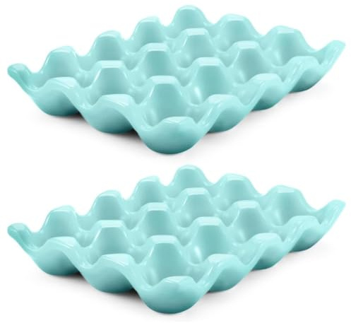Flexzion Ceramic Egg Holder for Fridge, 24-Cup Porcelain Egg Tray, Blue | Countertop Egg Organizer with 2 Pack 12-Cup Trays for Storing Standard Chicken Eggs or Serving Appetizers